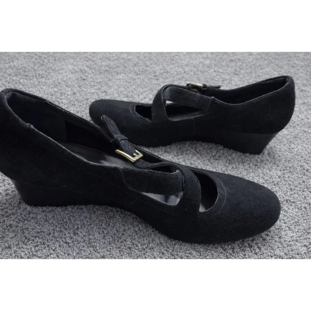 Rockport Total Motion Luxe 2-Strap Mary Jane Wedges |Women's‎ 8.5| Black Suede